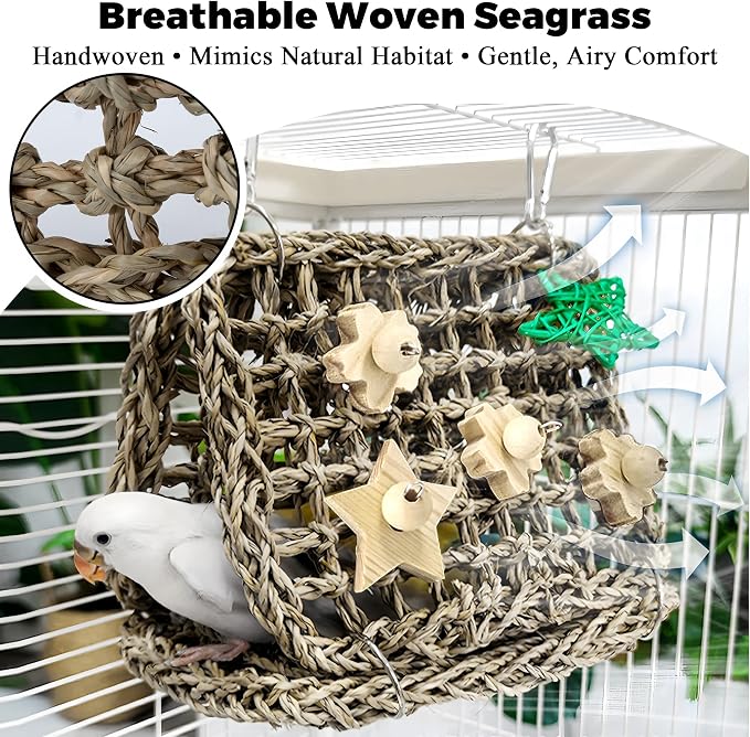 Jevnd 2pcs Bird Spinner Toys & Seagrass Bed Set - Natural Wood Parrot Toys with Bells, Handwoven Nest & Climbing Ladder, Chewable Hammock for Cockatiels, Conures, Lovebirds, Budgies, Quaker