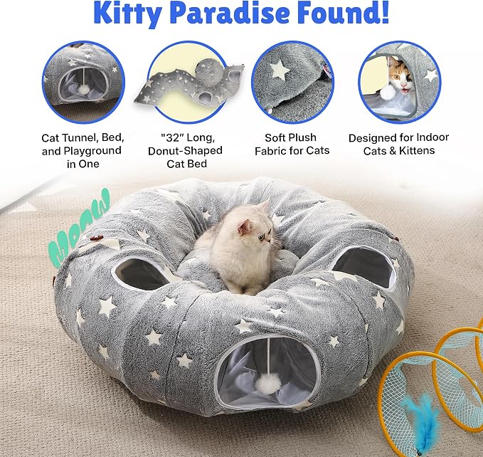 Cat Tunnel Bed for Indoor Cats | Plush Interactive Donut Tunnel, Peekaboo Holes, Shape-Shifting Design, Washable Cushion, For Small to Medium Pets