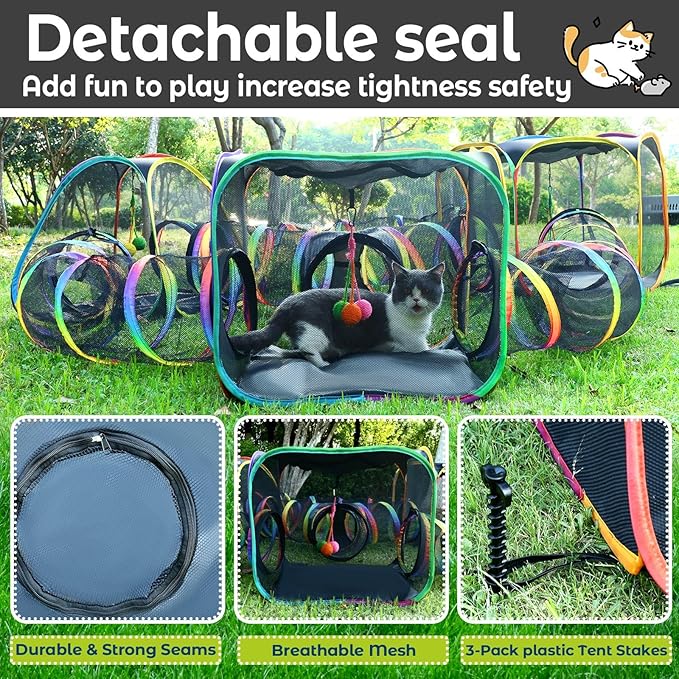CypherX Outdoor Rainbow Cat Enclosure, 7 in 1 Portable Cat Tents for Outside Cage Free Outside Pop up Pet Enclosure Cat Tunnel Outdoor Playground for Indoor Cats and Small Animals
