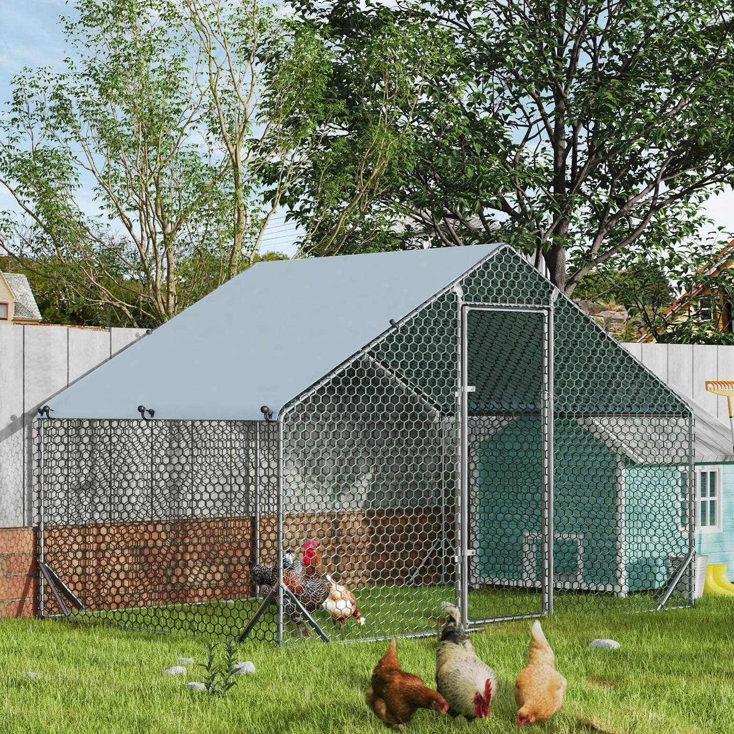 4ever2buy Large Metal Chicken Coop with Run Walk-in Poultry Cage Chicken Runs House Pen Cage Spire Roofed Chicken Coops with Anti-Ultraviolet Cover for Outdoor Backyard Farm Use 9.8’L x 6.6’W x 6.4’H