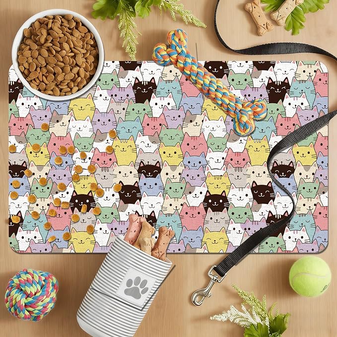 Cat Food Mat, Absorbent Pet Feeding Mat for Dog & Cat Food and Water Bowl, Non-Slip Quick Dry Pet Placemat Floor Protector for Messy Drinkers(12 x 20in)