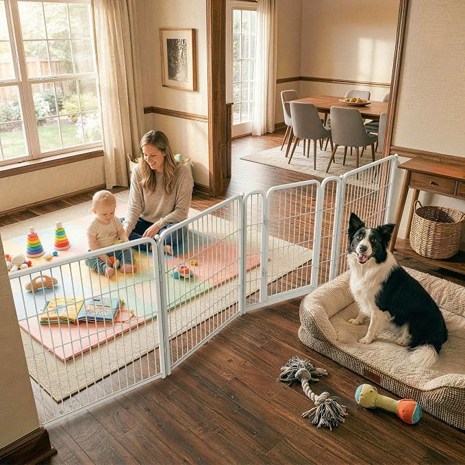 FXW Dog Gate Extra Wide Designed for Indoor Use, Adjustable Width Up to 111-inch Wide (32" H 4 Wire Panels for Small and Medium Dogs), White