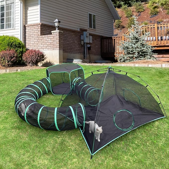 Pawtenda Cat Tents for Outside, Green Outdoor Cat Enclosures, Foldable Pet Playpen with Tunnels for Outside, Portable 4-in-1 Catio Including 2 Tents and 2 Tunnels