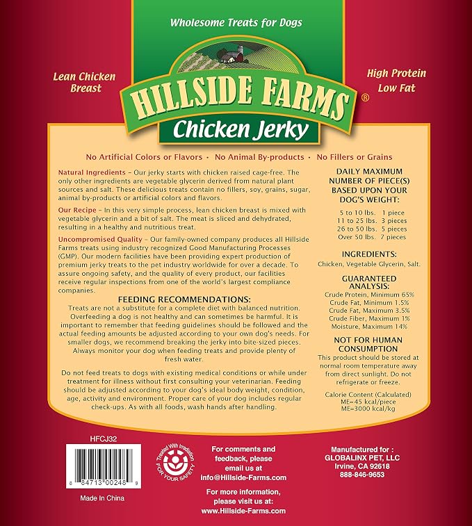 Hillside Farms Natural-Cut Chicken Jerky Dog Treats, Premium Grain-Free Dog Jerky for All Breeds & Sizes, 2-Pound Bag