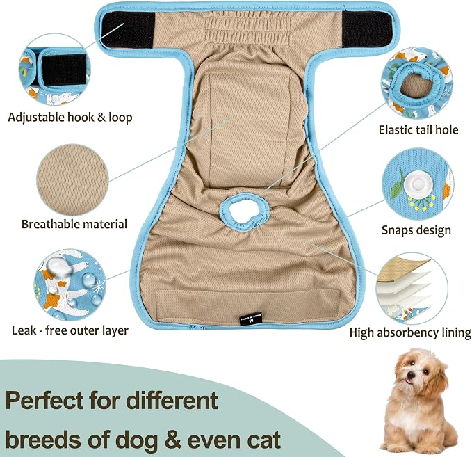Female Dog Diapers 5Pcs - Premium Reusable Diapers for Doggie in Heat - Highly Absorbent Dog Diapers Female for Pet Incontinence with Adjustable Snaps, M
