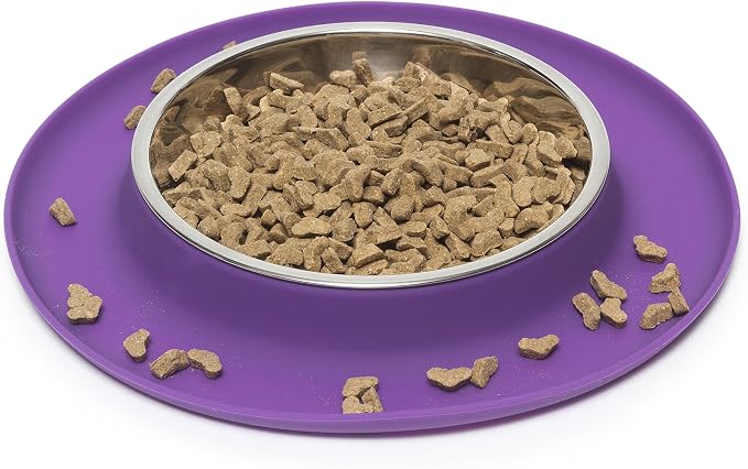 Messy Cats Single Silicone Feeder with Stainless Saucer Shaped Bowl | Anti-Slip Non-Skid Cat Food Bowl | One Cat Bowl in Feeding/Water Station | 1.75 Cups (Purple)