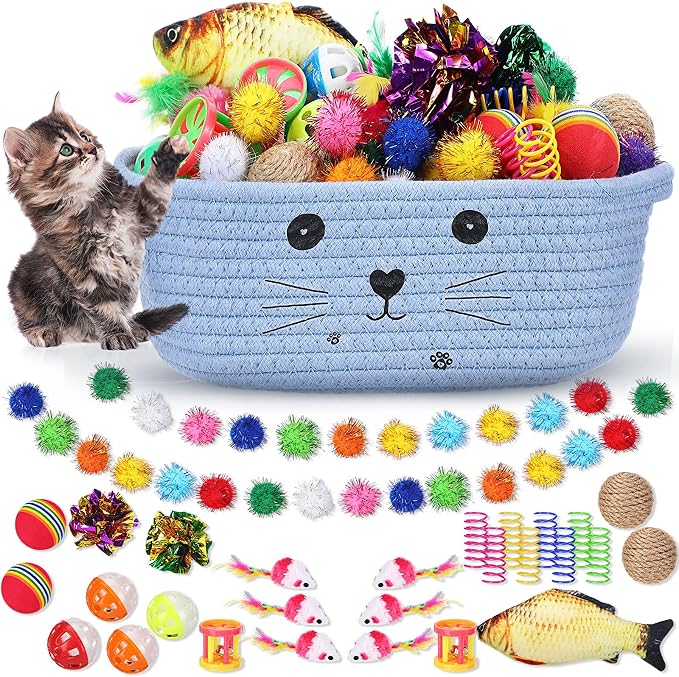 Zopeal 58 Pcs Summer Graduation Cat Storage Basket Gift Toys Set, Colorful Flashing Balls Pet Bell Crinkle Balls Spring Toys Attract Cat to Swat, Hunt, Interactive for Pet(Light Blue,9.8 Inch)