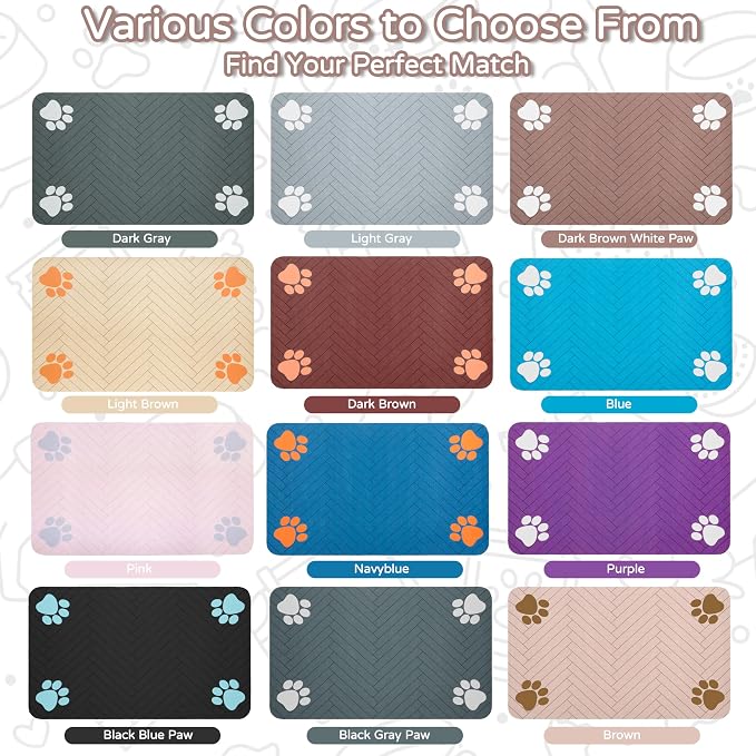 Pet Feeding Mat-Absorbent Dog Feeding Mat for Food and Water Bowl,No Stains Pet Placemat,Quick Drying Water Dispenser Mat for Dog and Cat,Easy to Clean Dog Accessories(L,Dark Brown White Paw)