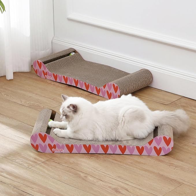 Rini 23.75" Modern Cardboard Cat Scratcher Lounge Bed with Built-in Bell Toys and Catnip, Ergonomic Curved Sofa Design, Pink/Red, Set of 2 CSR1003D-SET2
