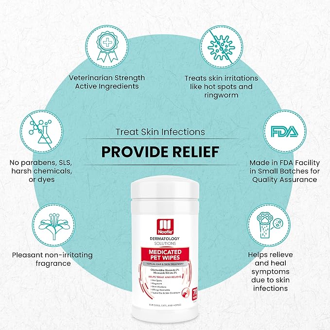 Nootie Medicated Dog Wipes, 2% Chlorhexidine and 2% Miconazole Formulated Pet Wipes for Dogs and Cats - 5"x 6" Size XL Wipes - 70 Count - Sold in Over 10,000 Vet Clinics and Pet Stores Worldwide