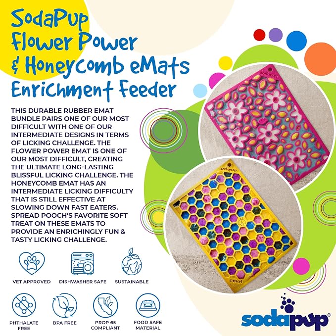 SodaPup Flower Power & Honeycomb eMat Bundle – Durable Lick Mat Feeder Made in USA from Non-Toxic, Pet-Safe, Food Safe Rubber for Avoiding Overfeeding, Digestive Health, Calming, & More