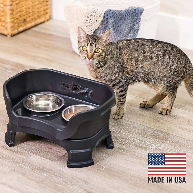 Neater Feeder Deluxe Mess-Proof Elevated Cat Bowls, 2 Height Adjustable (6” & 7.5”) No-Spill Raised Cat Bowl Stand, Whisker Friendly Stainless Steel Dishes for Indoor Cats, Made in USA, Black