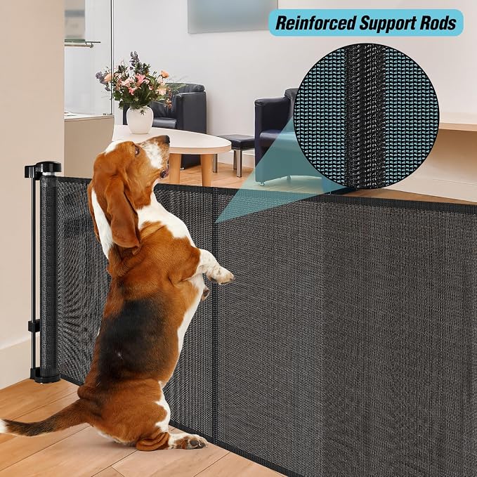 24 Inches Tall Retractable Baby Gates for Doorways, Short Dog Gates to Step Over, Extends up to 55" Wide, Reinforced Mesh Baby Gate for Kids or Pets, Doggie Gates Puppy Gates for The House (Black)