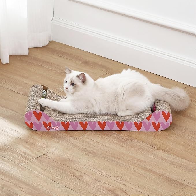 Rini 23.75" Modern Cardboard Cat Scratcher Lounge Bed with Built-in Bell Toys and Catnip, Ergonomic Curved Sofa Design, Pink/Red CSR1003D