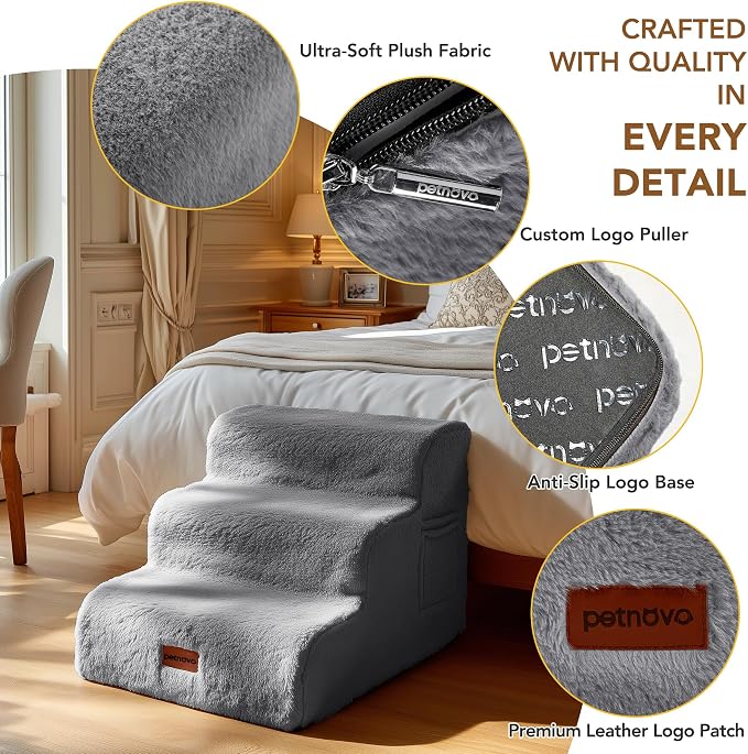PETNOVO Dog Stairs for Couch and Sofa, 2-Step Dog Steps for Small Dogs, Faux Fur Non-Slip Foam Pet Stairs, Washable Cover, 15.7" D x 15.7" W x 11.8" H, Gray
