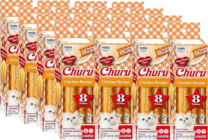 INABA Churu Lickable Purée Natural Cat Treats Gift Box - Tuna with Chicken Recipe, Case of 128 Tubes (16 Gift Boxes of 8 Tubes Each)
