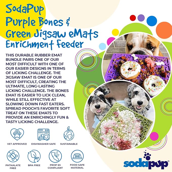 SodaPup Purple Bones & Green Jigsaw eMat Bundle – Durable Lick Mat Feeder Made in USA from Non-Toxic, Pet-Safe, Food Safe Rubber for Avoiding Overfeeding, Digestive Health, Calming, & More