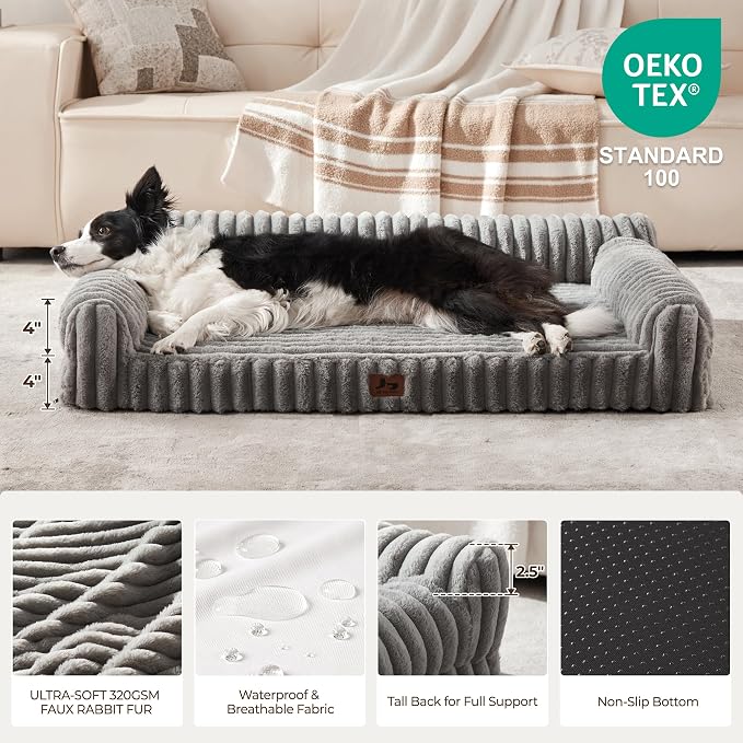 Orthopedic Dog Bed Extra Large Pet Beds with Removable Washable Cover, Couch-Like Sofa Design for S to XXL Dogs Up to 120 lbs, with Soft Short Plush Surface & Foam, 48x35x10.5 Inch, Grey