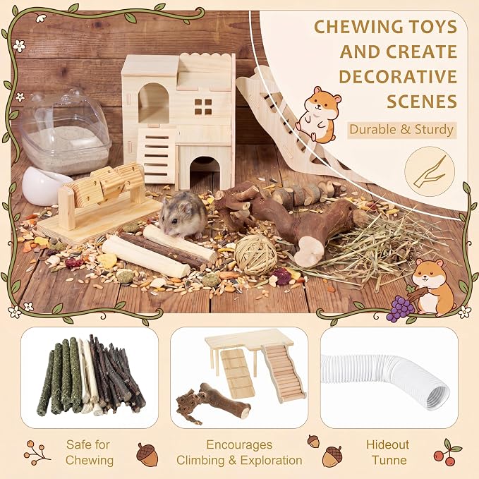 Leitee 30 Pcs Hamster Cage Accessories, Chew Toys for Guinea Pig, Chinchillas, Gerbils, Mice, Rats, Rabbit, Silent Wheel with 15 Chew Toys Set, Maze Wood House, Mouse Tunnel Tube and Sand Bath Box Set