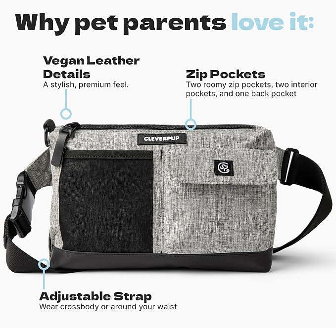 Cleverpup Walk & Train 2-in-1 Dog Walking Bag - Hands-Free Training Crossbody Sling & Fanny Pack with Treat Pouch, Poop Bag Holder, Phone Pockets - Adjustable Waist or Shoulder Strap - Heather Grey