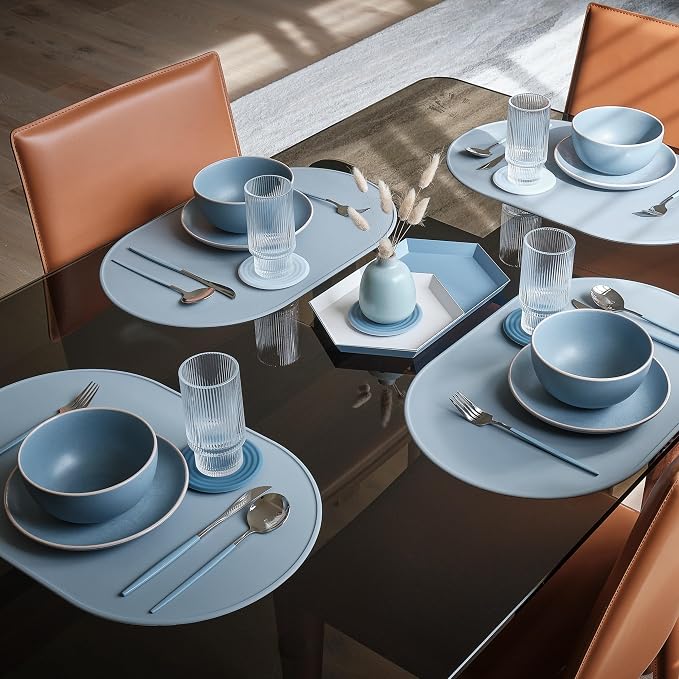 LINE+ARC Waterproof, Stain-Resistant, Heat-Safe Silicone Degrē Placemats (20.5x13, Set of 2 Chalk) 3mm-High Rim Adults Babies Easy-to-Clean Washable Oval Modern Non-Slip Dining Table Mats