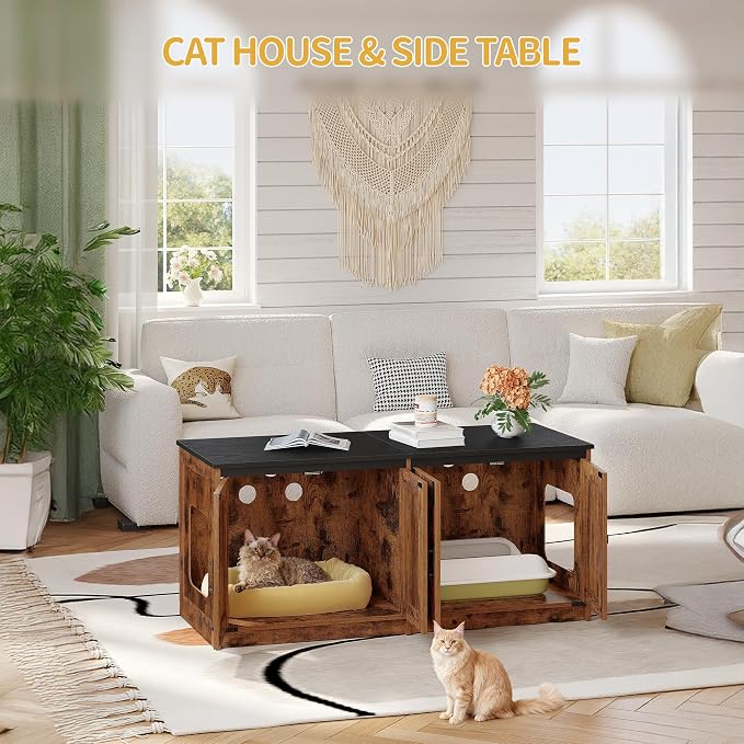 Hzuaneri Cat Litter Box Enclosure for 2 Cats, Hidden Litter Box Furniture Cabinet with Double Room, Indoor Cat House, Farmhouse Style, 46.7 x 18.9 x 21.1 Inches, Rustic Brown CB85301X