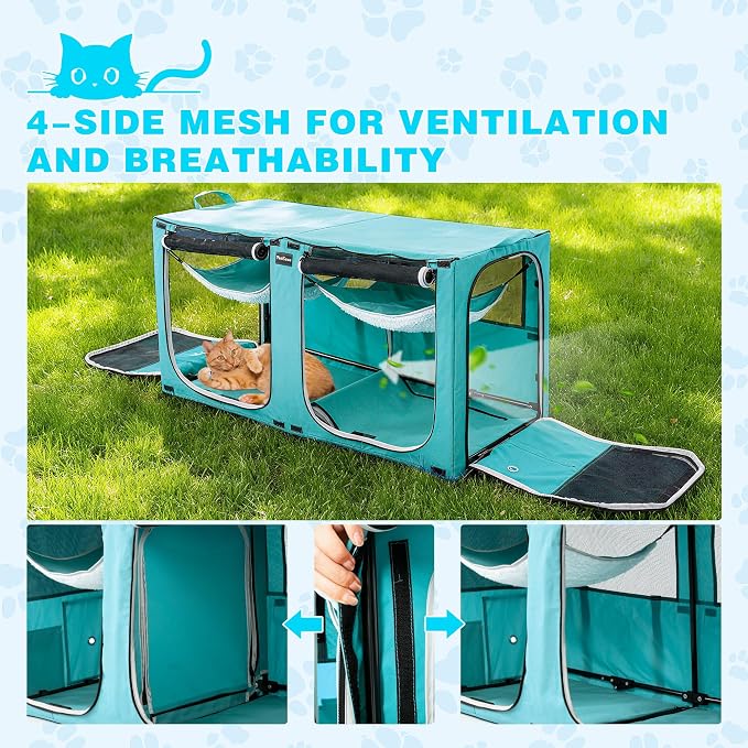 Huge Sapce Double Compartment Cat Travel Carrier with Litter Box & Homack | Cat Show Kennel Cage Crate with Mat & Water Bottle