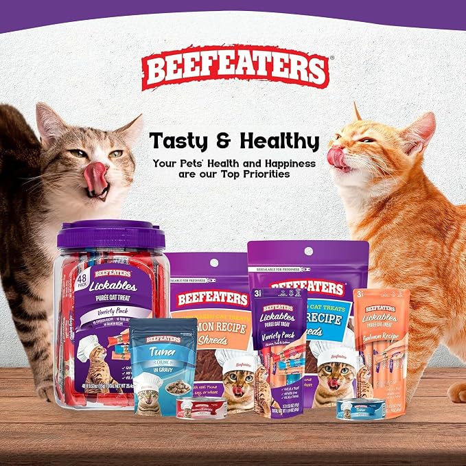 Beefeaters Lickable Cat Treats 48 Count – Puree Squeeze Up Tubes Variety Pack (Salmon, Tuna & Chicken) | Grain Free, Taurine Enriched, High Moisture for Picky Eaters | Cat Treat Topper or Snack