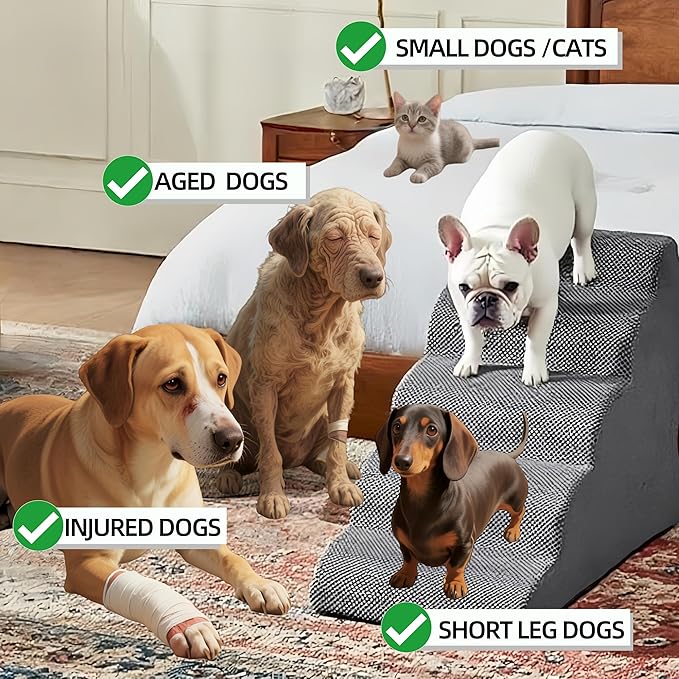 5 Step Pet Stairs Ramp for High Beds Sofas 23-30 Inch with Sturdy Non Slip Waterproof Pads, Machine Washable Cover Indoor Balanced Design for Cats Dogs Small Medium Large XL Pets Pink, Large