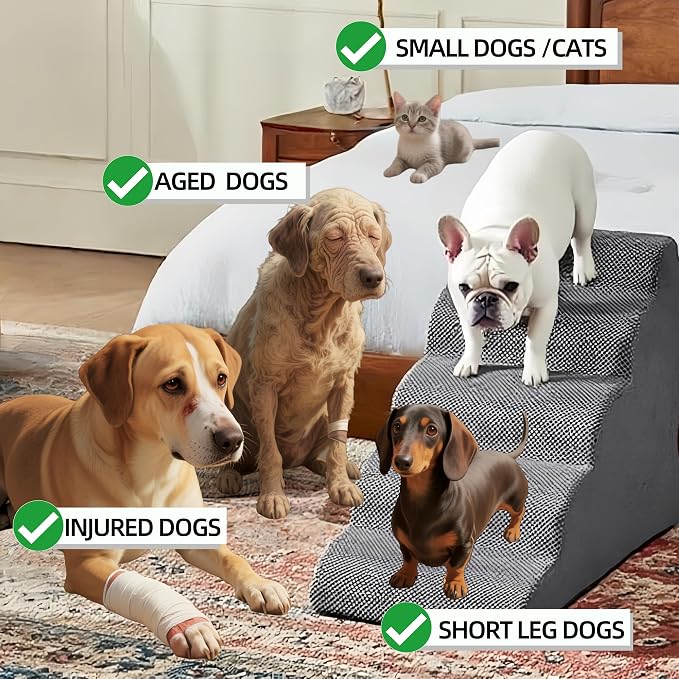 5 Step Pet Stairs Ramp for High Beds Sofas 23-30 Inch with Sturdy Non Slip Waterproof Pads, Machine Washable Cover Indoor Balanced Design for Cats Dogs Small Medium Large XL Pets Brown, Large,