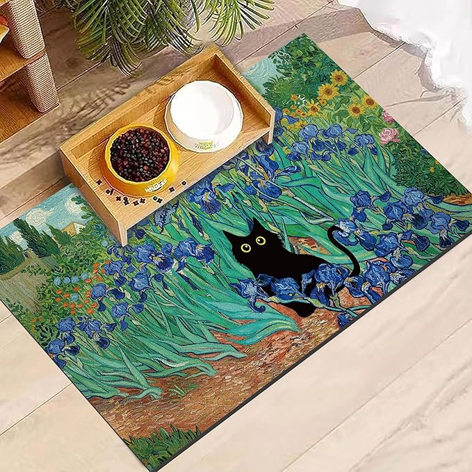 Black Cat Pet Feeding Mat, Absorbent Dog/Cat Food Mat for Food and Water Bowl, Non-Slip Quick Dry Pet Placemat Floor Protector for Messy Drinkers(12 x 20 in)