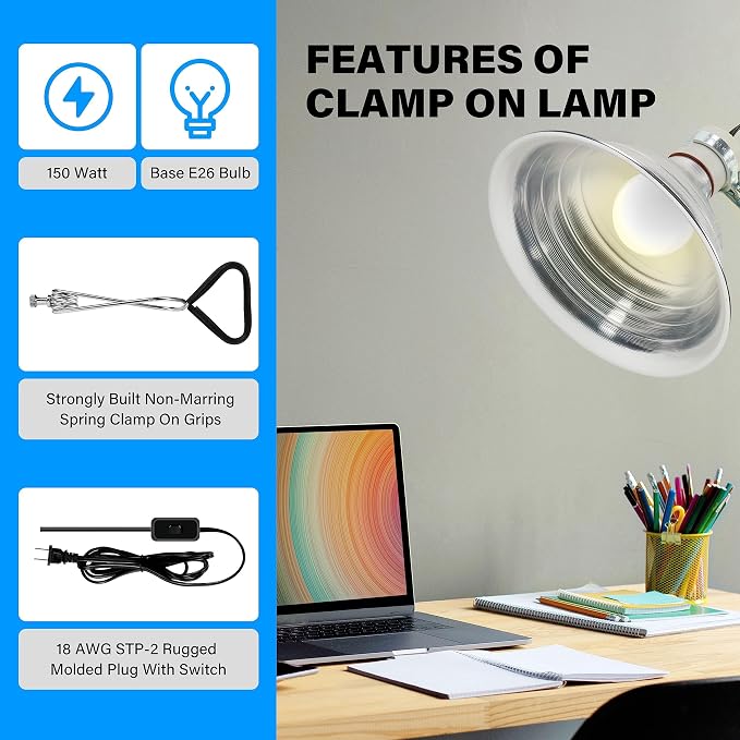 Simple Deluxe 150W Ceramic Reptile Heat Lamp Bulb & 150W Clamp Light with 8.5" Aluminum Reflector, LCD Digital Aquarium Thermometer Combo for Amphibian Pets