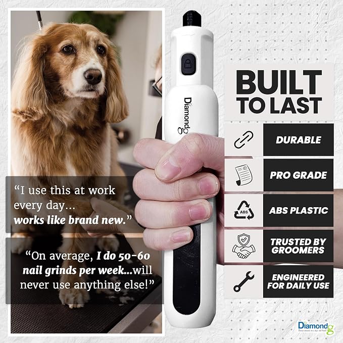 Diamondg Cordless Micro Dog Nail Grinder with Quiet Sound & LED Tip for Large & Small Dogs, 4hrs. Runtime - Electric Dog Nail Trimmer, Heavy Duty Rotary Tool Alternative to Toenail Clippers & Filers