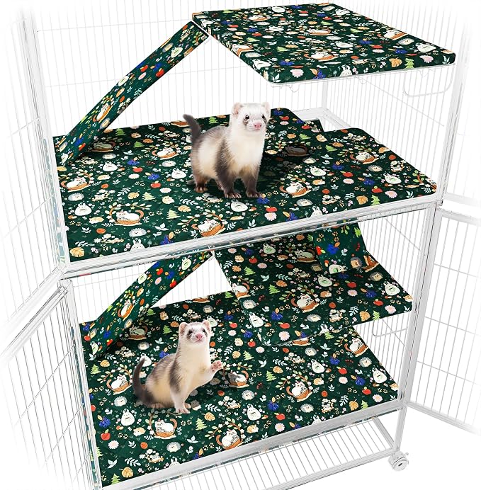 Ferret Cage Liner for Ferret Nation & Critter Nation Cage,Cute Animal Print,Washable Bedding,Cage Accessories for Ferrets, Chinchillas, Rats, Rabbits & Other Small Pets (Double Unit Combo)
