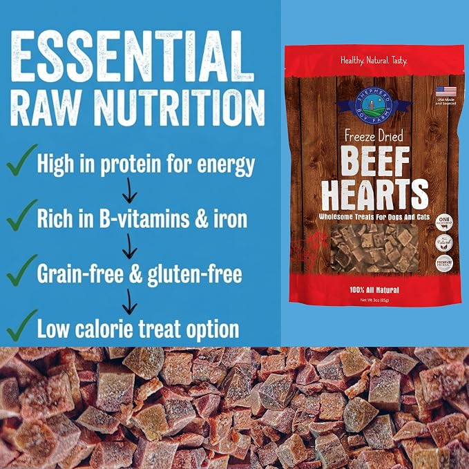Shepherd Boy Farms Freeze Dried Dog and Cat Treats, Beef Heart, All Natural Single Ingredient Freeze-Dried Dog Treat & Snacks, Made in USA, High Protein, Essential Nutrition of Raw Food, 8oz