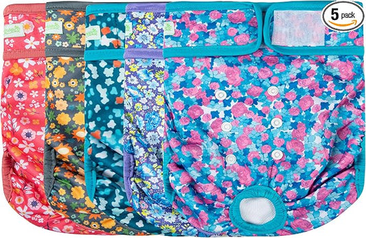 wegreeco Female Dog Diapers, Washable Reusable Pet Puppy Doggie Diapers for Small Medium Large Female Dogs in Heat Period, Doggy Period Panties, 5 Pack, XX-Large, Small Floral Pattern