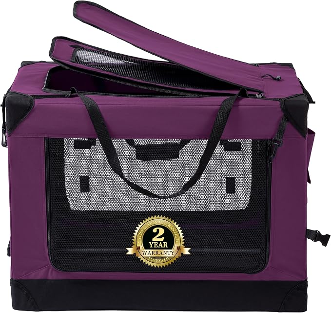 EliteField 4-Door Folding Soft Dog Crate (2-Year Warranty) with Aluminum Frame, Top Curtain, Carrying Bag, and Fleece Bed, Indoor & Outdoor Pet Home (42" L x 31" W x 32" H, Purple)