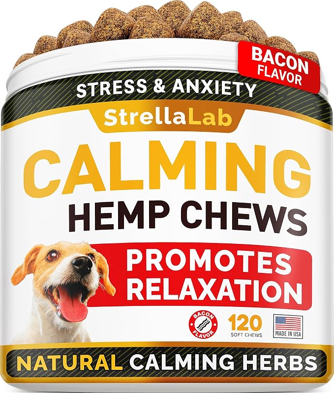 STRELLALAB Hemp Calming Chews for Dogs Anxiety Relief - Made in USA w/Hemp Oil - Dog Training & Behavior Aid - Natural Stress Relief During Firework, Storm, Separation, Barking - 120 Treats