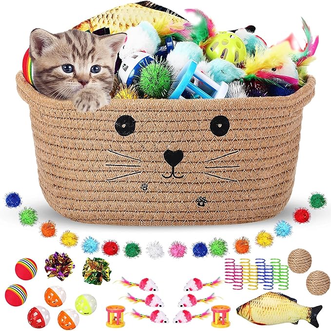 Zopeal 58 Pcs Summer Graduation Cat Storage Basket Gift Toys Set, Colorful Flashing Balls Pet Bell Crinkle Balls Spring Toys Attract Cat to Swat, Hunt, Interactive for Pet(Khaki,9.8 Inch)