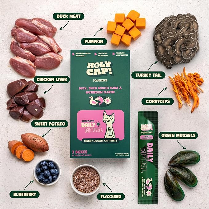 Daily Ritual Grain-Free Lickable Cat Treats 15 Squeezable Purée Tubes (0.5 oz Each), Duck & Tuna Flavor, Creamy Cat Purée with Clean Ingredients, Hand-Fed Treat or Meal Topper
