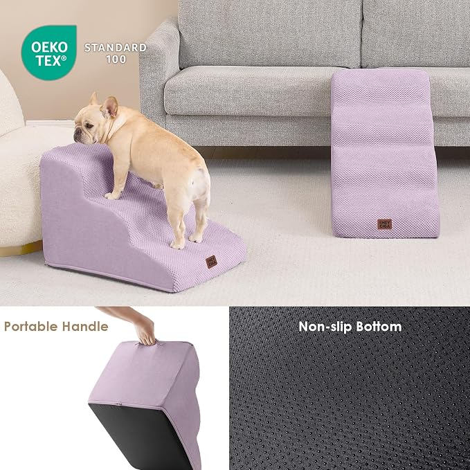 EHEYCIGA Curved Dog Stairs Ramp for High Beds 19.7" H, 4-Step Dog Steps for Small Dogs and Cats, Pet Stairs for High Bed Climbing, Non-Slip Balanced Pet Step Indoor, Lilac