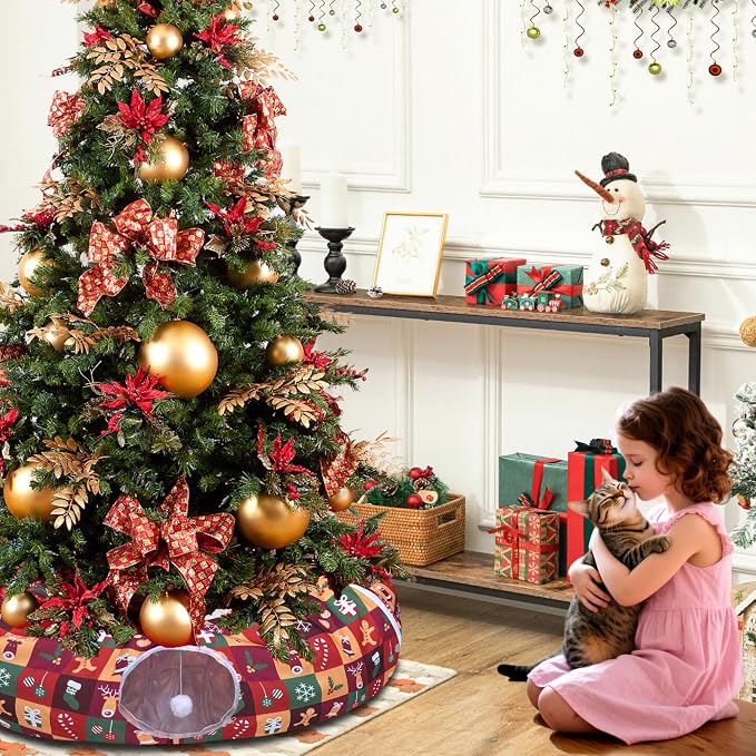 Cat Tunnel Bed in 3FT x 3FT x 9.8IN - Christmas Style with Star, Snowflakes, Socks, Reindeer, Gingerbread People, Balloons, Bell & Candy Patterns - Red Color Perfect for Festive Felines
