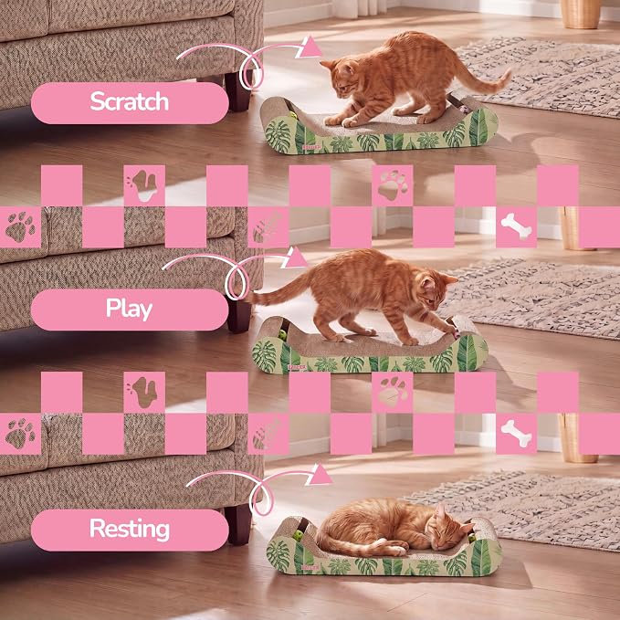 Rini 23.75" Modern Cardboard Cat Scratcher Lounge Bed with Built-in Bell Toys and Catnip, Ergonomic Curved Sofa Design, Mint/Green CSR1003E