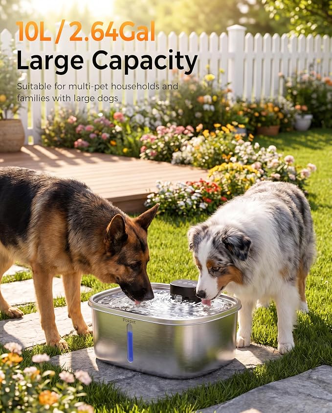 Water Fountain for Dogs Home Outdoor Multi-Pet Stainless Steel 10L/2.64gal Wireless Large Dogs Motion Sensor Dispenser Filtered Cordless Bowl Waterer -Wireless Stainless Steel&1Filters