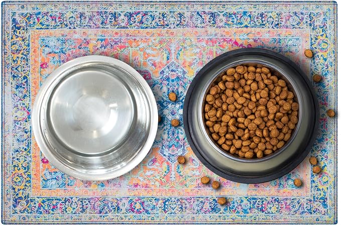 Lovewag Pets Waterproof 2-Pack Pet Feeding Mats - 16" x 24" Premium Cat & Dog Food Mat - Non-Slip, Machine Washable Mat Protects Floors & Contains Water Bowl Spills - Place Mats (Marmalade Sunshine)