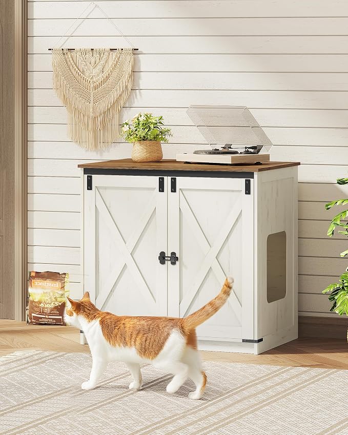 Hzuaneri Cat Litter Box Enclosure Enclosed, Hidden Litter Box Furniture Cabinet Large, Wooden Indoor Cat House with Adjustable Shelf for Top Entry Litter Box, Farmhouse Rustic Brown and White CB85414X
