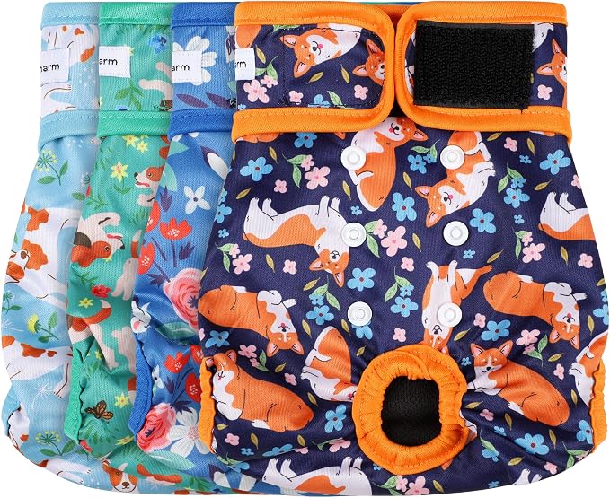 4 Pack Reusable Female Dog Diaper, Highly Absorbent Doggie Diapers for Female Dogs, Dog Diaper Large, Flowers & Dogs