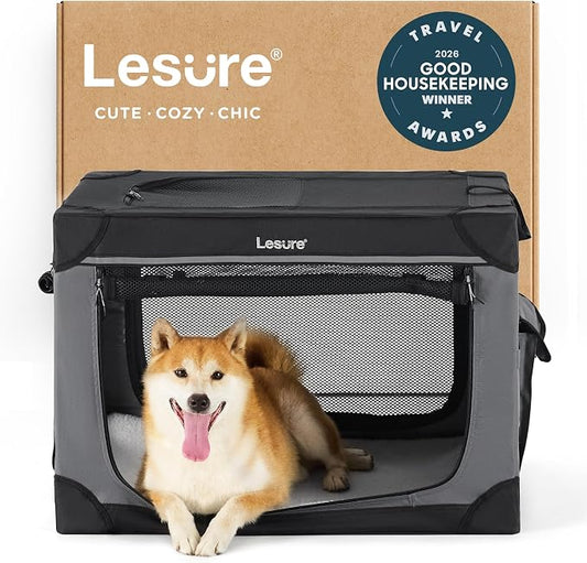 Lesure Shown on TODAY Show Soft Collapsible Dog Crate - 30 Inch Portable Travel Crate for Medium Dogs Indoor & Outdoor, 4-Door Foldable Pet Kennel with Mesh Windows, Black