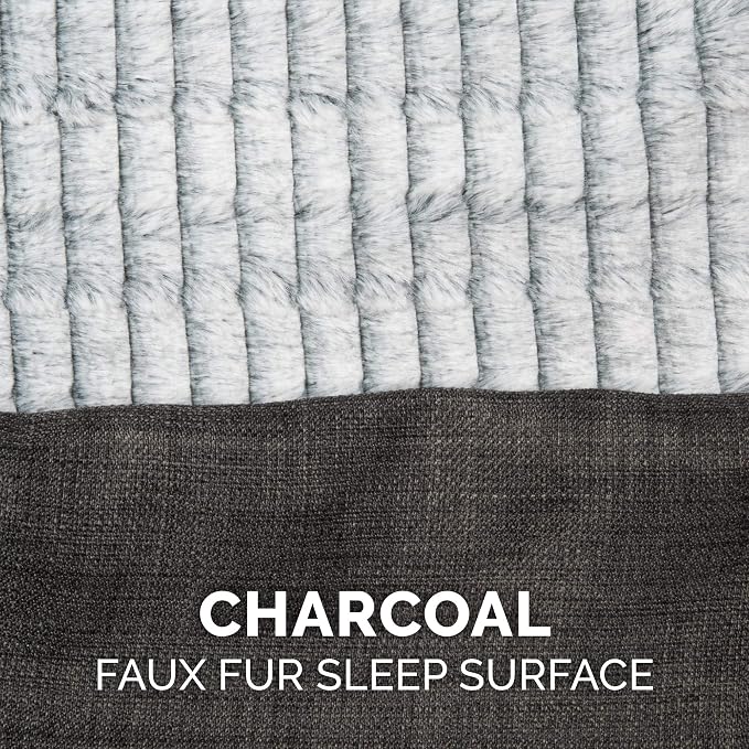 Furhaven Cooling Gel Dog Bed for Large Dogs w/ Removable Bolsters & Washable Cover, For Dogs Up to 95 lbs - Luxe Faux Fur & Performance Linen Sofa - Charcoal, Jumbo/XL