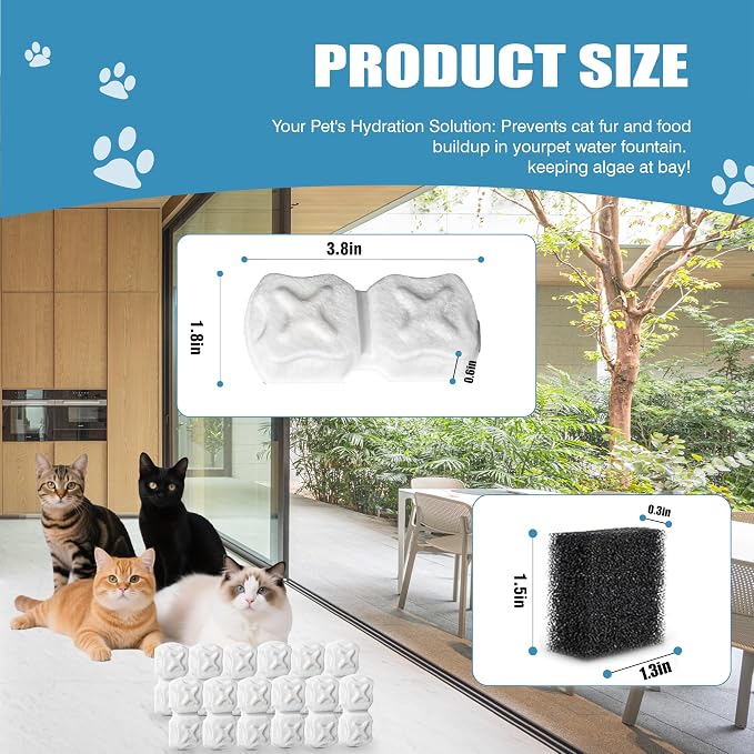 Cat Water Fountain Filter,20p Pet Water Fountain Filter Replacement Screen for 74oz/2.2L Stainless Steel Water Dispenser- 10 Carbon Filters & 10 Foam Filters，4-Layer Filtration Systems
